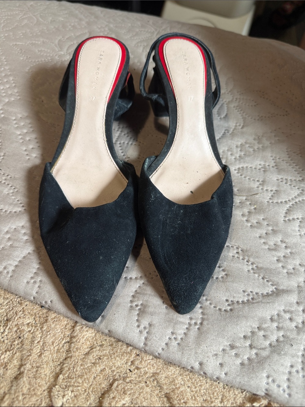 Zara Black Pointed Slingback Mules with Red Trim
